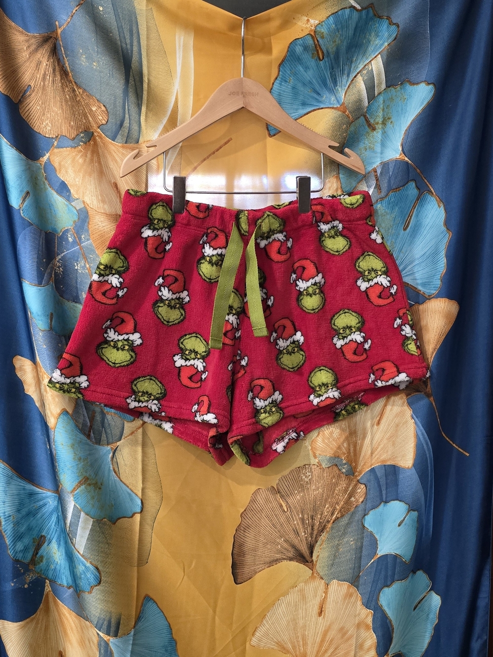 Cinch Red Grinch Print Women’s Pajama Shorts with Green Drawstring
